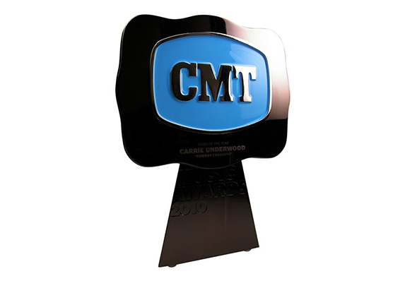 Modern Sculpture Trophy - black gunmetal plated cast metal award with changeable buckle medallion with enamel color fill - CMT Country Music Awards custom designed